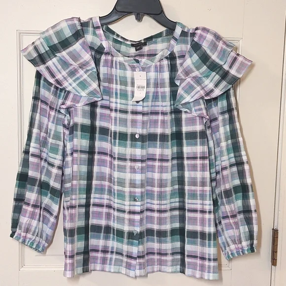NWT Ann Taylor Cotton Plaid Ruffle Sleeve Top, Size S - Picture 3 of 9